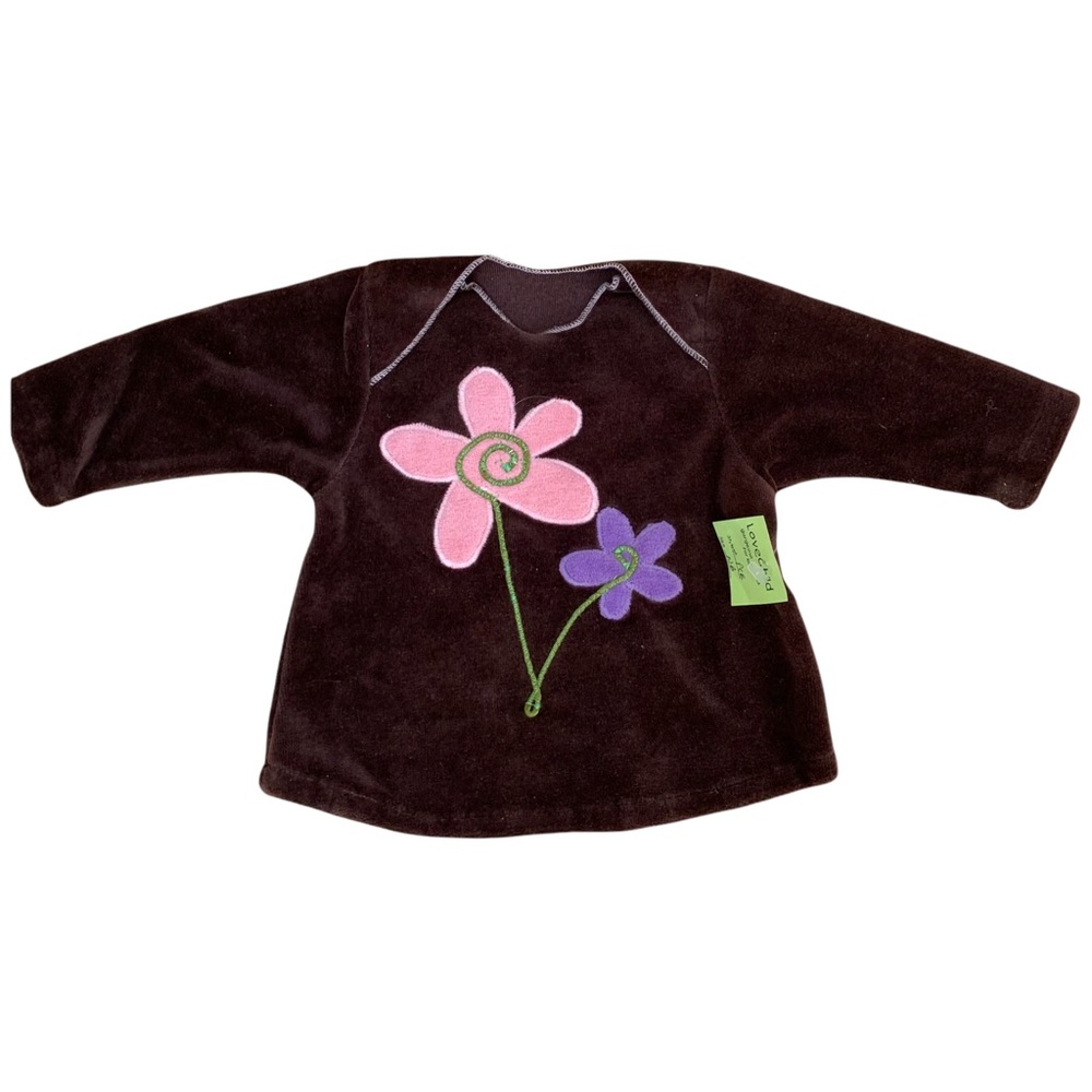 NEW Brown Velour Tunic Dress Boho Long Sleeved Floral Embellishments Newborn